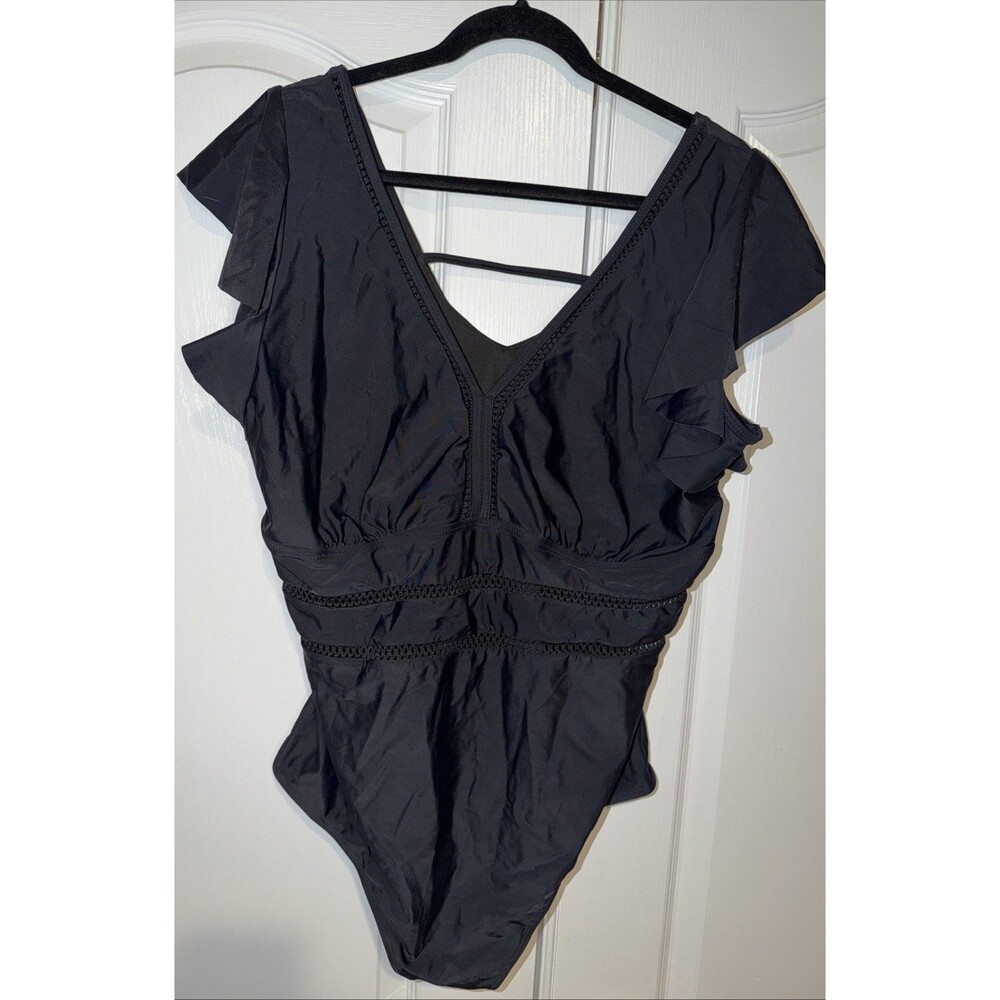 Yonique Women Black Swim Bathing Suit One piece Sz 22W Ruffle Sleeve Crochet NWT